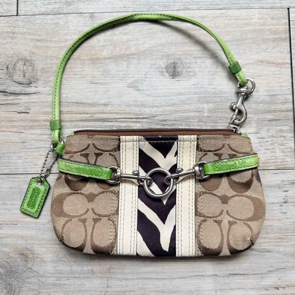 Coach Zebra Nancy Stripe Wristlet 43052 Signature C Green Y2K Vintage Glam